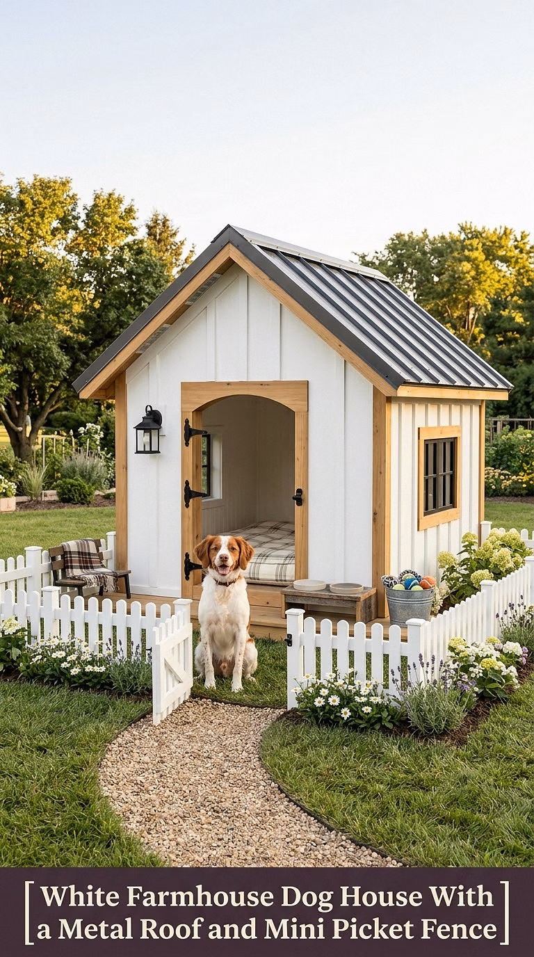 4. White Farmhouse Dog House With a Metal Roof and Mini Picket Fence