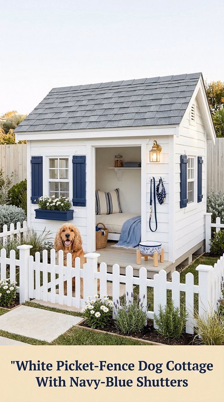 4. White Picket-Fence Dog Cottage With Navy-Blue Shutters