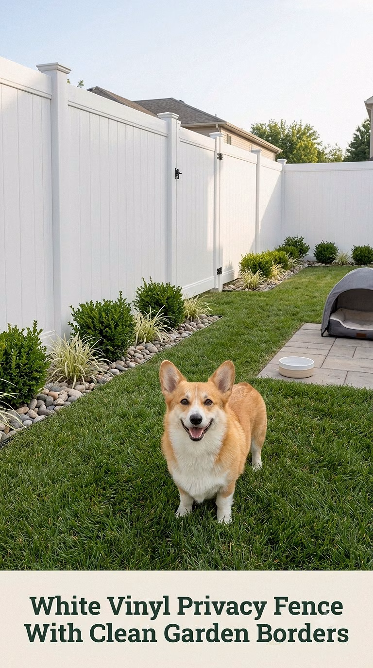 White Vinyl Privacy Fence With Clean Garden Borders