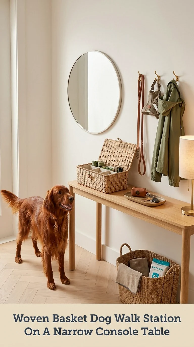 Woven Basket Dog Walk Station On A Narrow Console Table