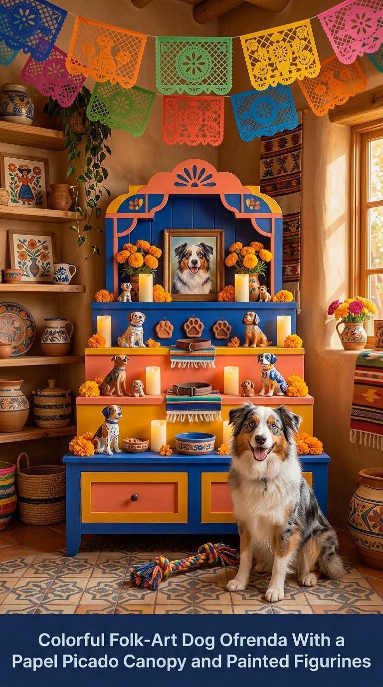 5. Colorful Folk-Art Dog Ofrenda With a Papel Picado Canopy and Painted Figurines