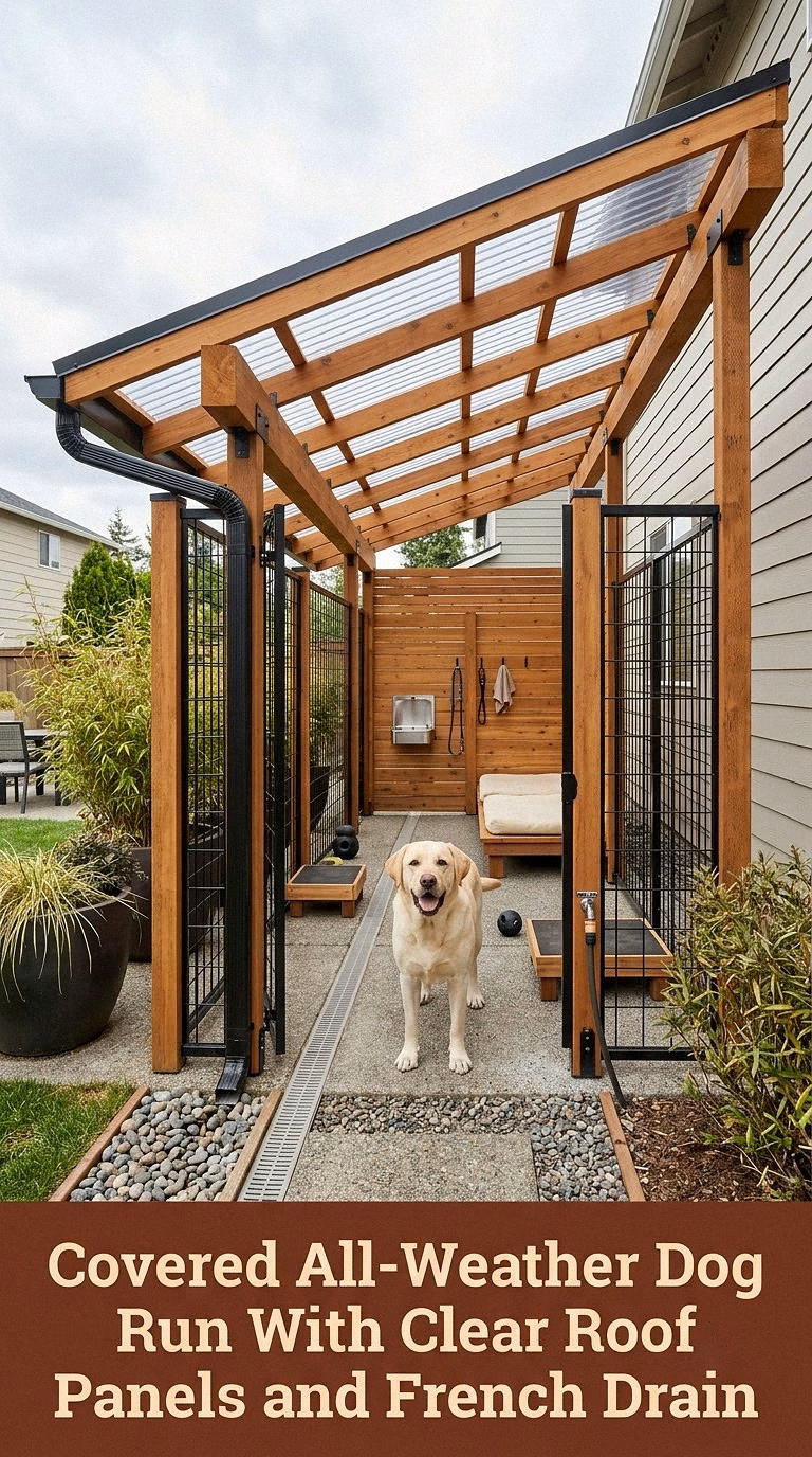 5. Covered All-Weather Dog Run With Clear Roof Panels and French Drain