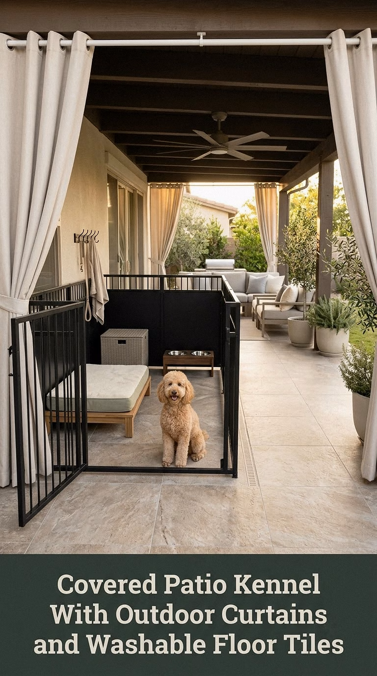 5. Covered Patio Kennel With Outdoor Curtains and Washable Floor Tiles