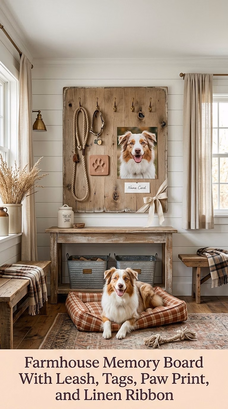 5. Farmhouse Memory Board With Leash, Tags, Paw Print, and Linen Ribbon