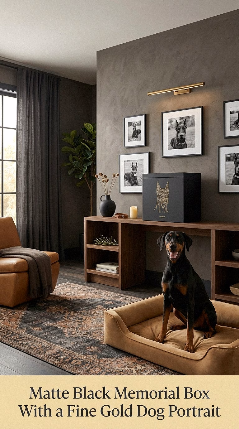 5. Matte Black Memorial Box With a Fine Gold Dog Portrait