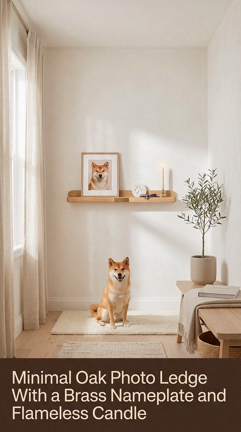 5. Minimal Oak Photo Ledge With a Brass Nameplate and Flameless Candle