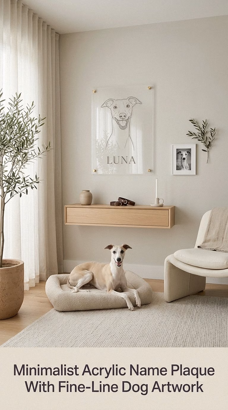 5. Minimalist Acrylic Name Plaque With Fine-Line Dog Artwork