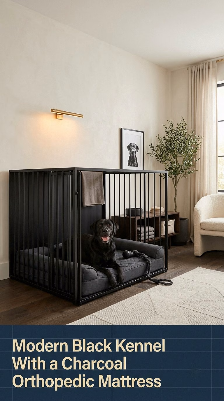 5. Modern Black Kennel With a Charcoal Orthopedic Mattress