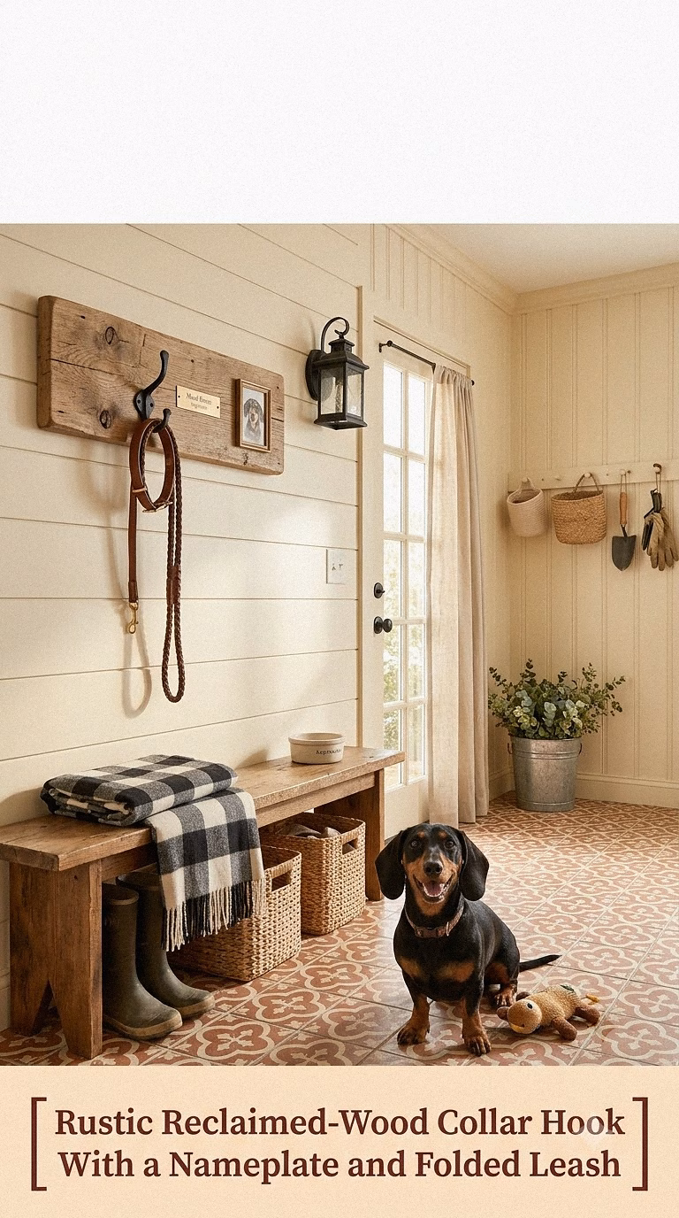 5. Rustic Reclaimed-Wood Collar Hook With a Nameplate and Folded Leash