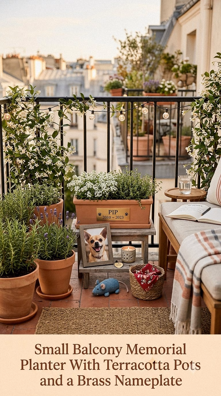 5. Small Balcony Memorial Planter With Terracotta Pots and a Brass Nameplate
