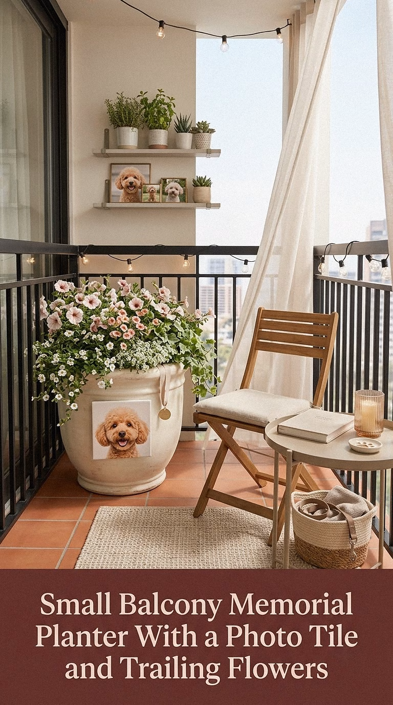 5. Small Balcony Memorial Planter With a Photo Tile and Trailing Flowers