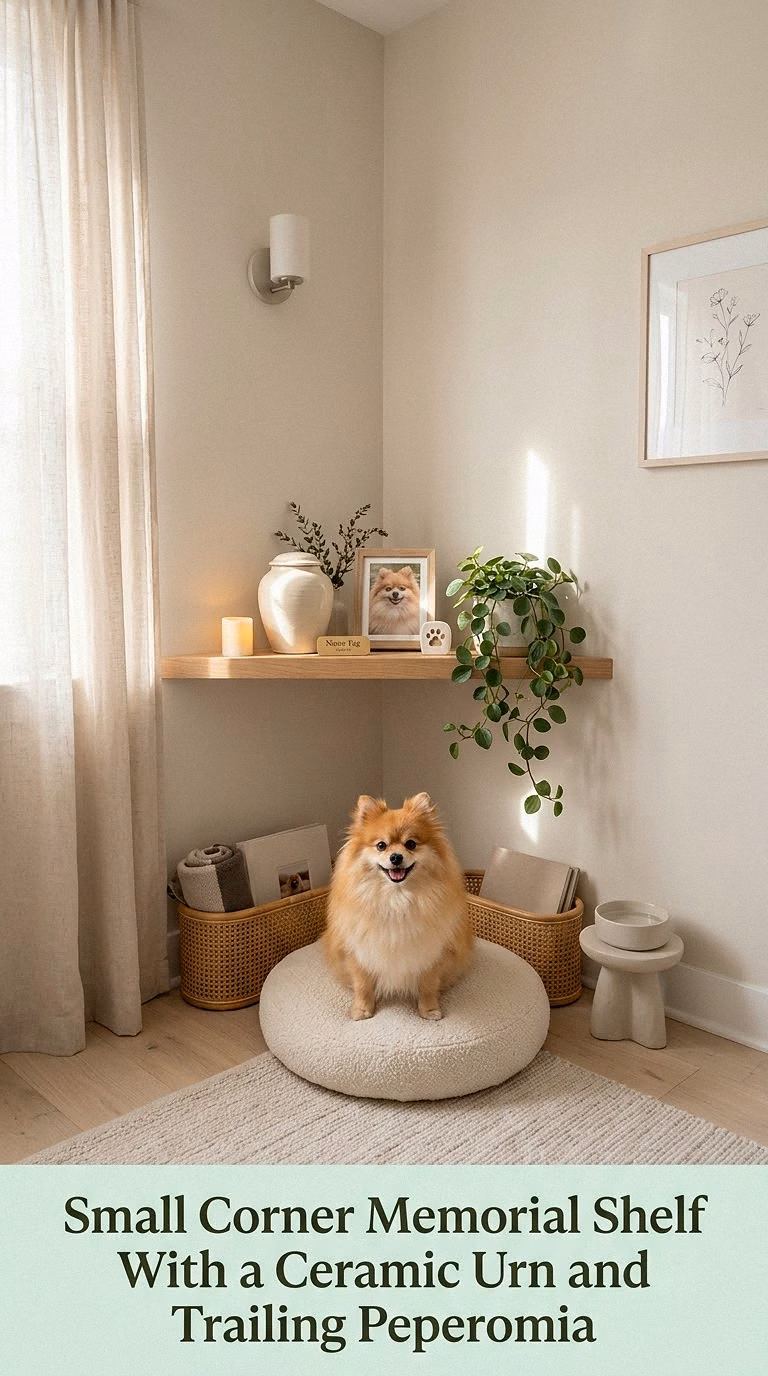 5. Small Corner Memorial Shelf With a Ceramic Urn and Trailing Peperomia