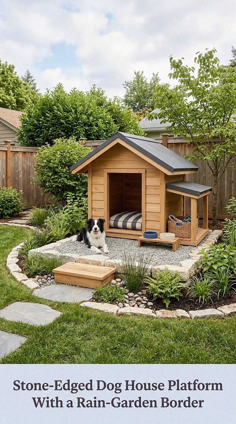 5. Stone-Edged Dog House Platform With a Rain-Garden Border