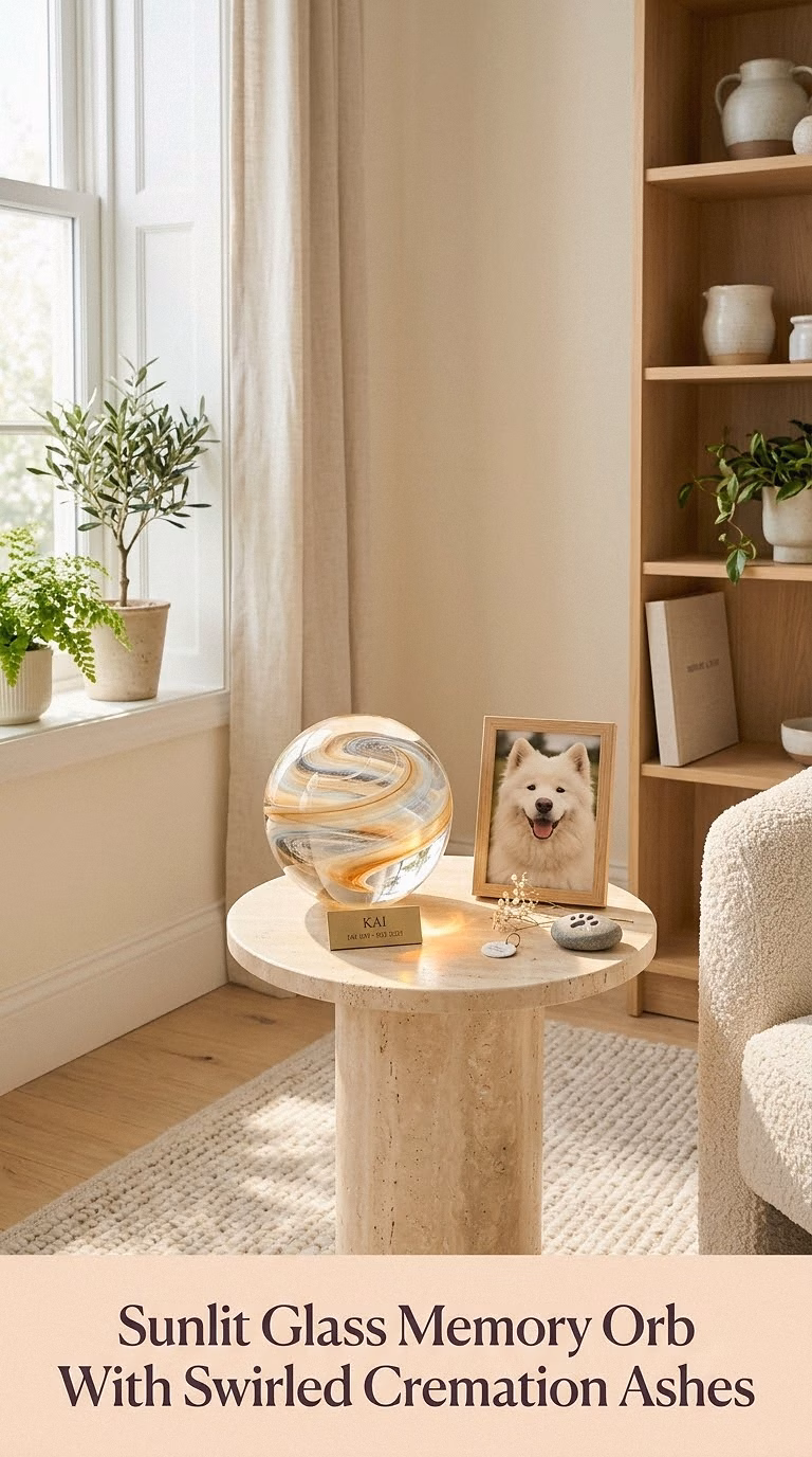 5. Sunlit Glass Memory Orb With Swirled Cremation Ashes