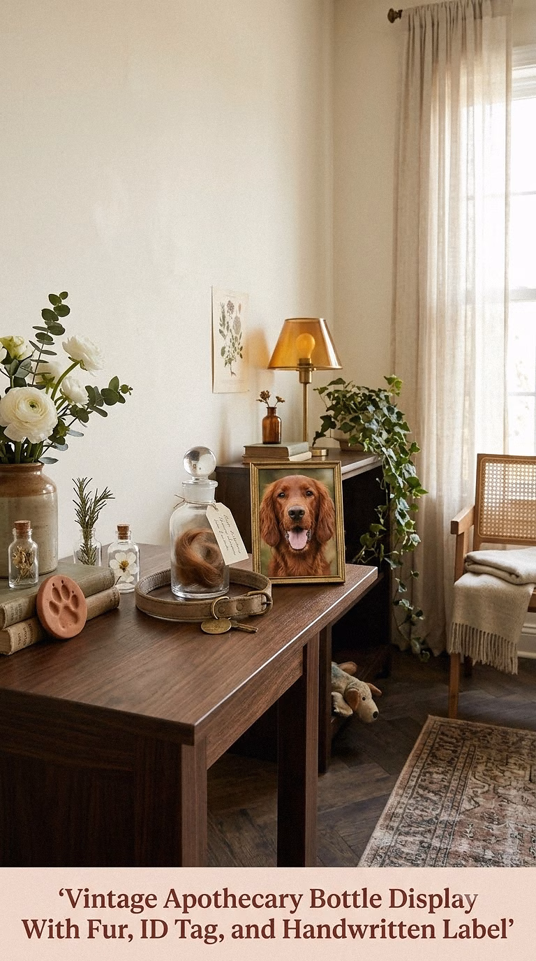 5. Vintage Apothecary Bottle Display With Fur, ID Tag, and Handwritten Label