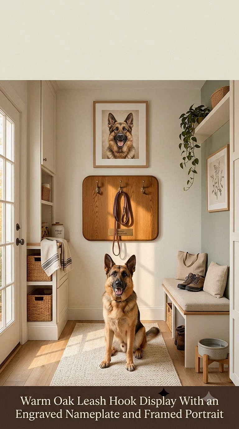 5. Warm Oak Leash Hook Display With an Engraved Nameplate and Framed Portrait