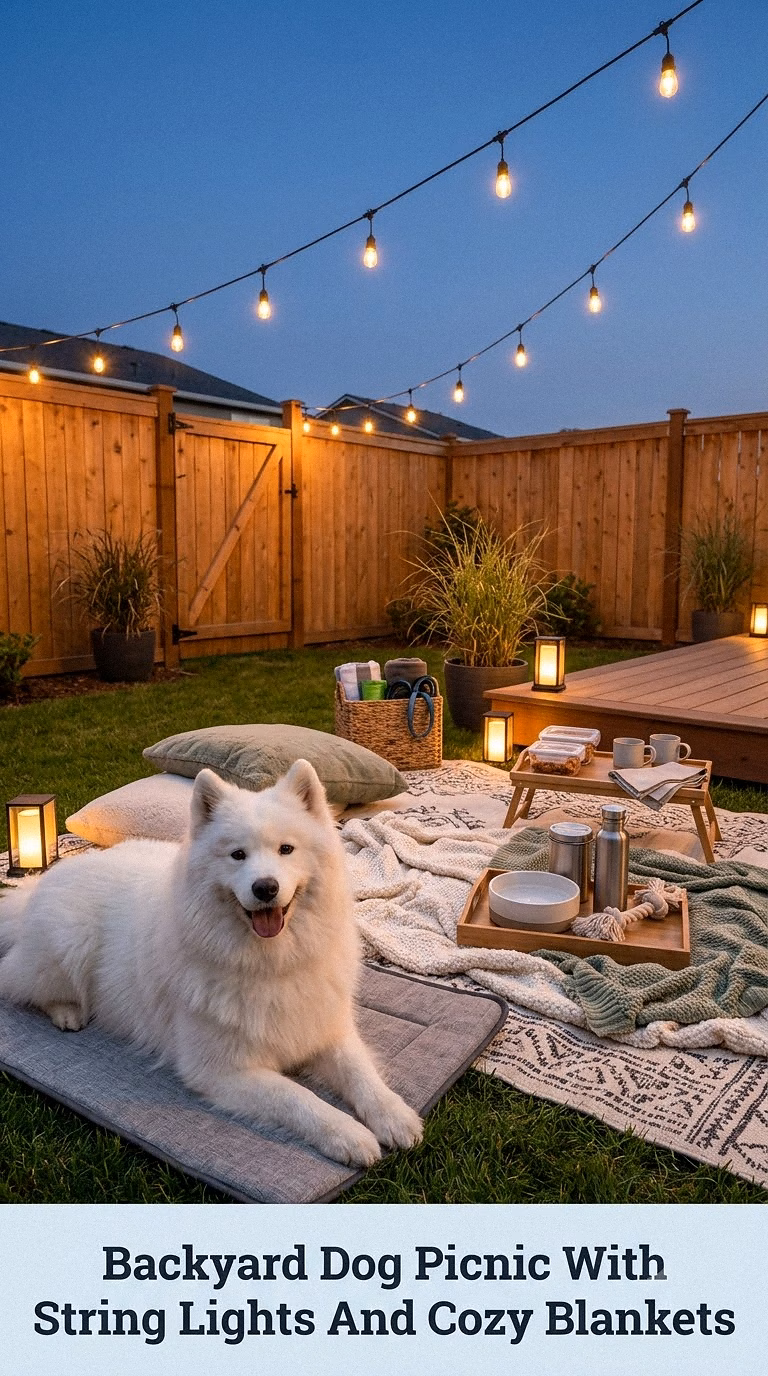 Backyard Dog Picnic With String Lights And Cozy Blankets