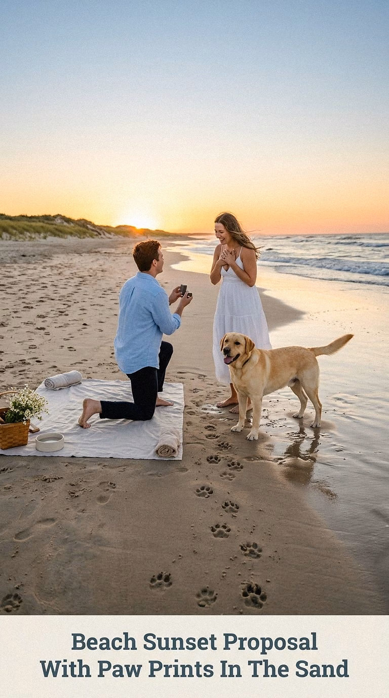 Beach Sunset Proposal With Paw Prints In The Sand