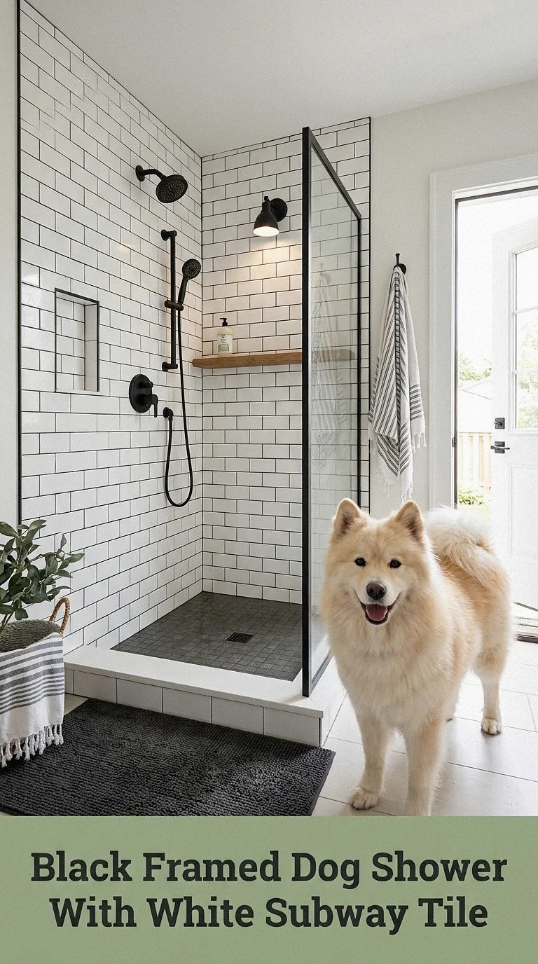 Black Framed Dog Shower With White Subway Tile