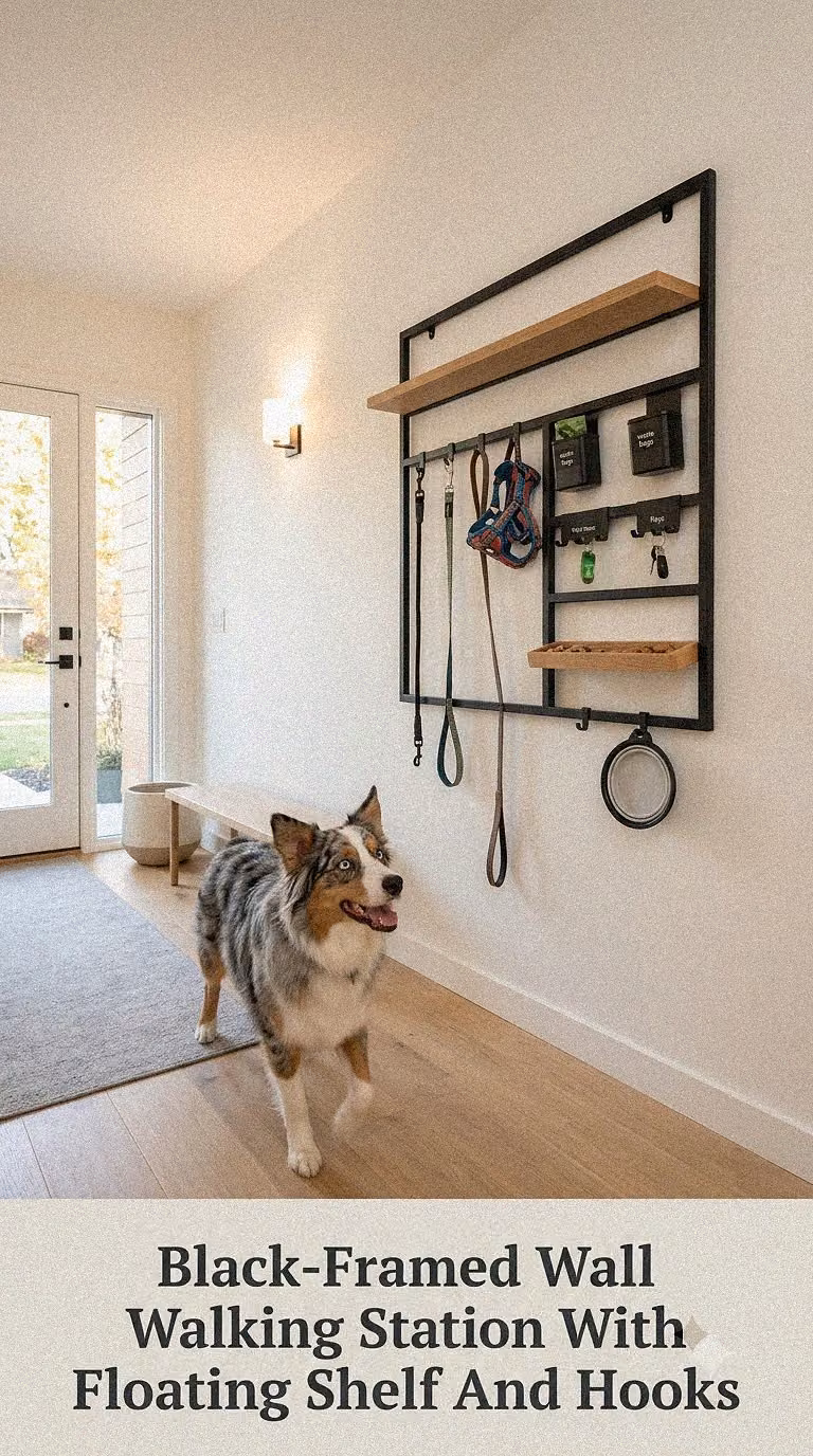 Black-Framed Wall Walking Station With Floating Shelf And Hooks