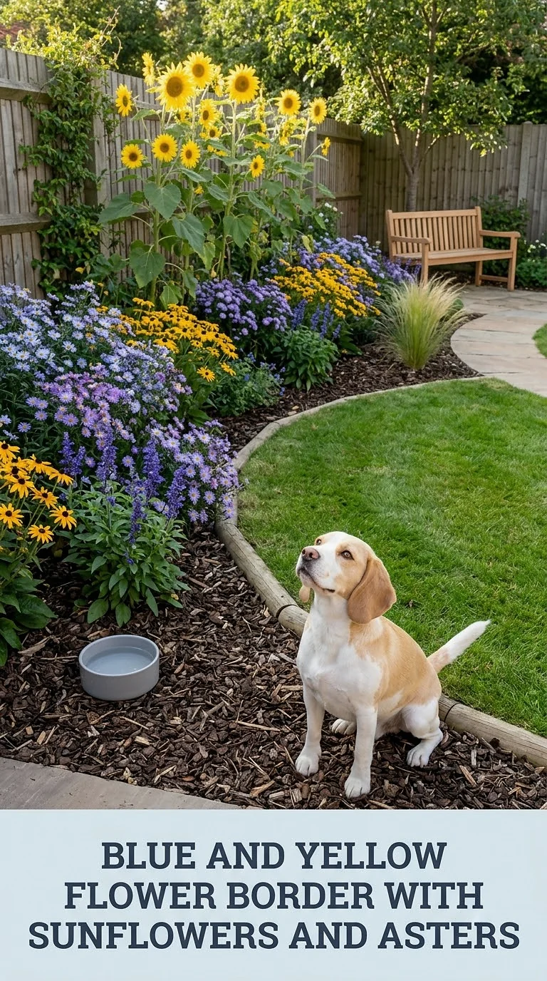 Blue And Yellow Flower Border With Sunflowers And Asters
