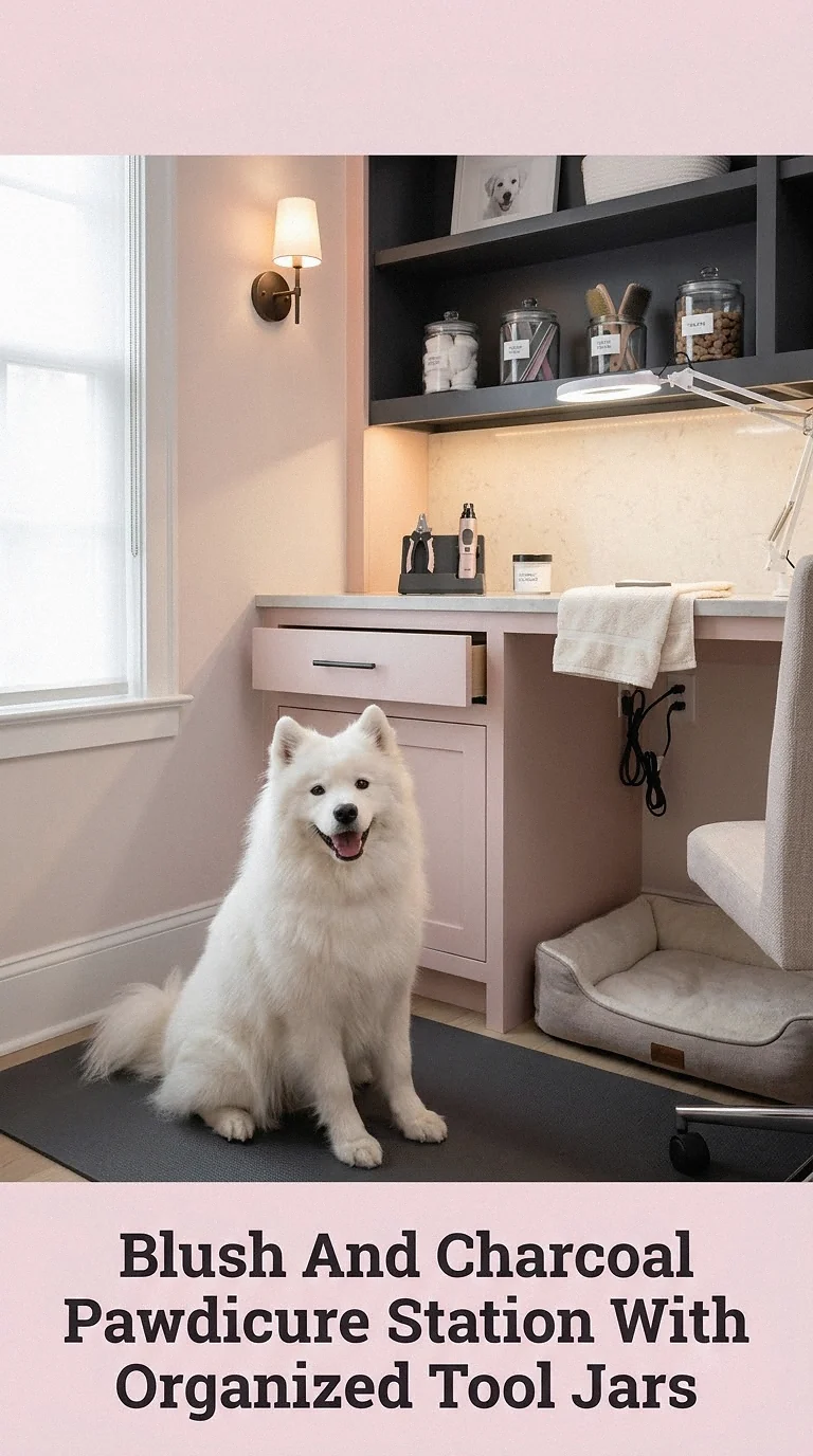 Blush And Charcoal Pawdicure Station With Organized Tool Jars