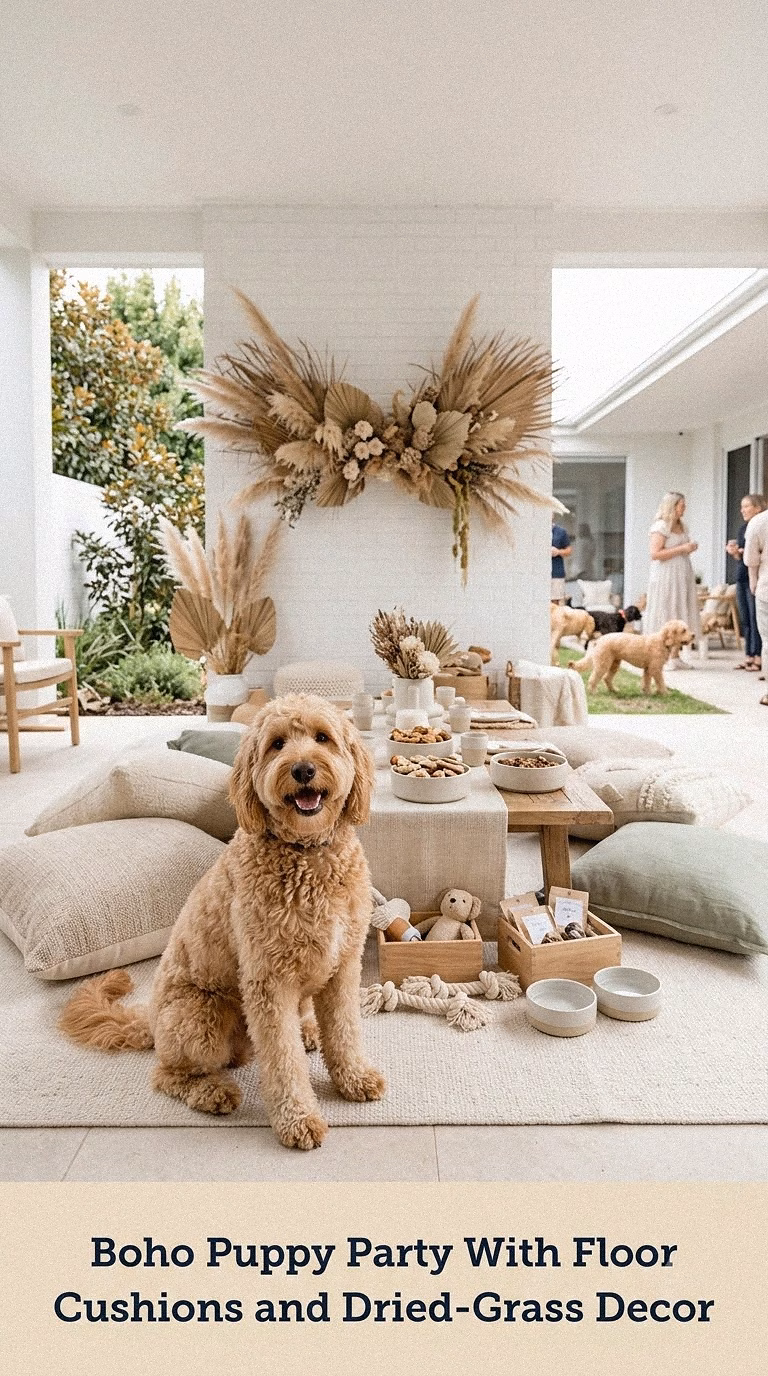 Boho Puppy Party With Floor Cushions and Dried-Grass Decor
