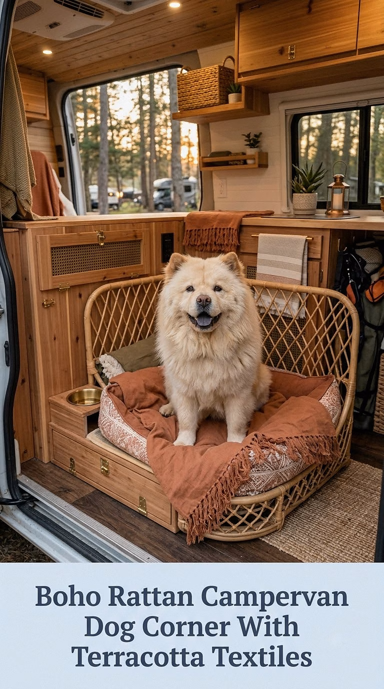 Boho Rattan Campervan Dog Corner With Terracotta Textiles