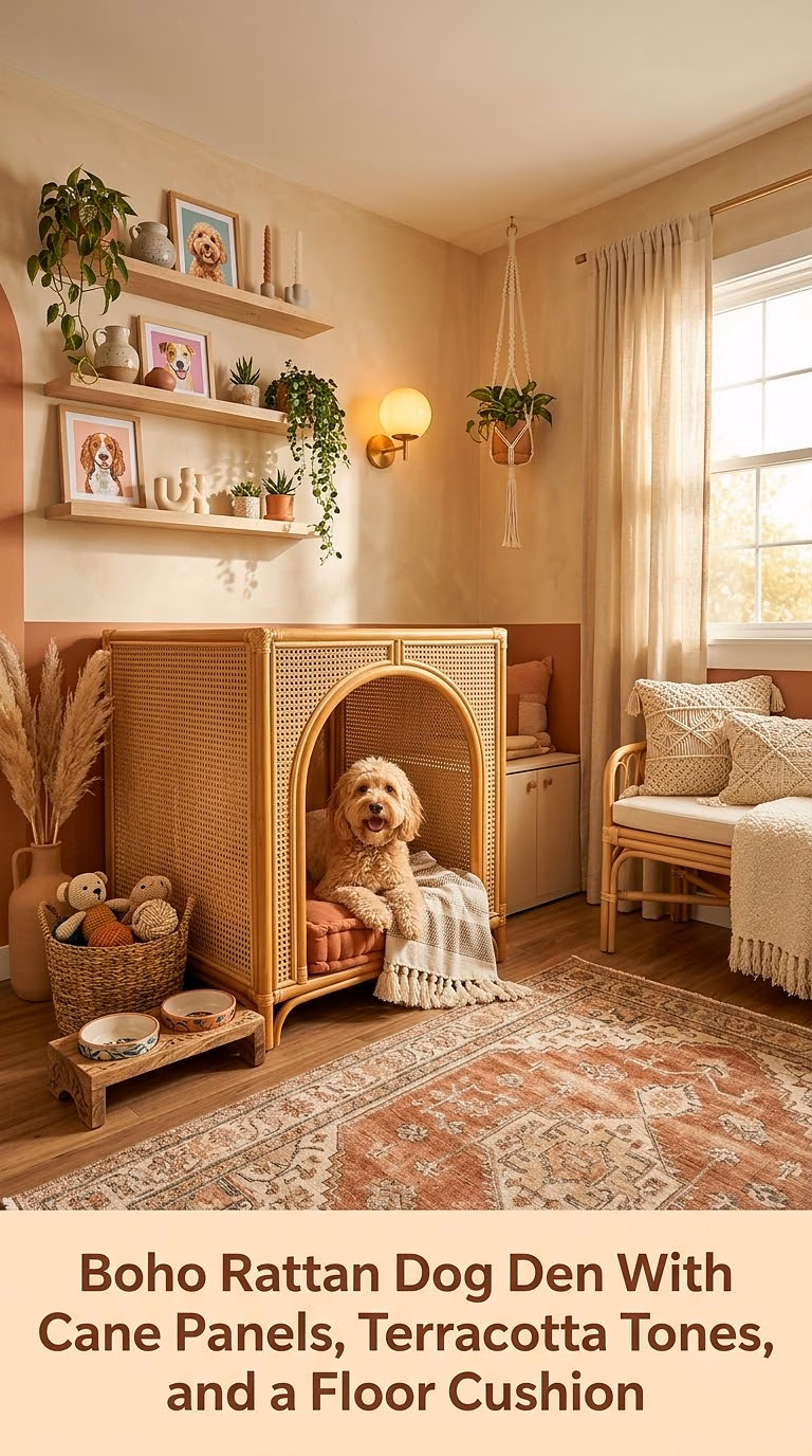 5. Boho Rattan Dog Den With Cane Panels, Terracotta Tones, and a Floor Cushion