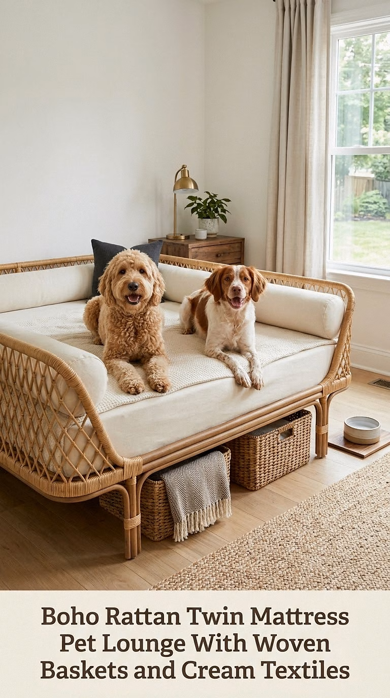 Boho Rattan Twin Mattress Pet Lounge With Woven Baskets and Cream Textiles