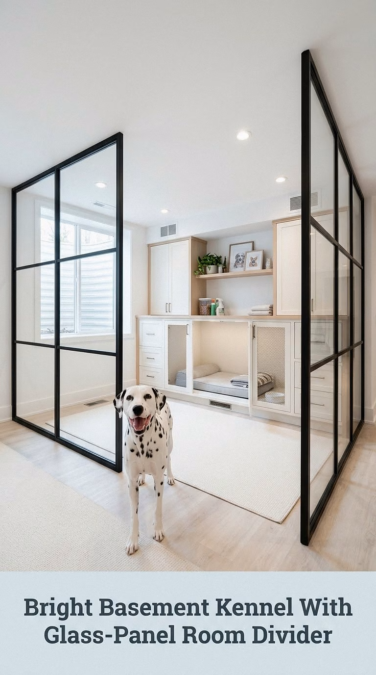 Bright Basement Kennel With Glass-Panel Room Divider