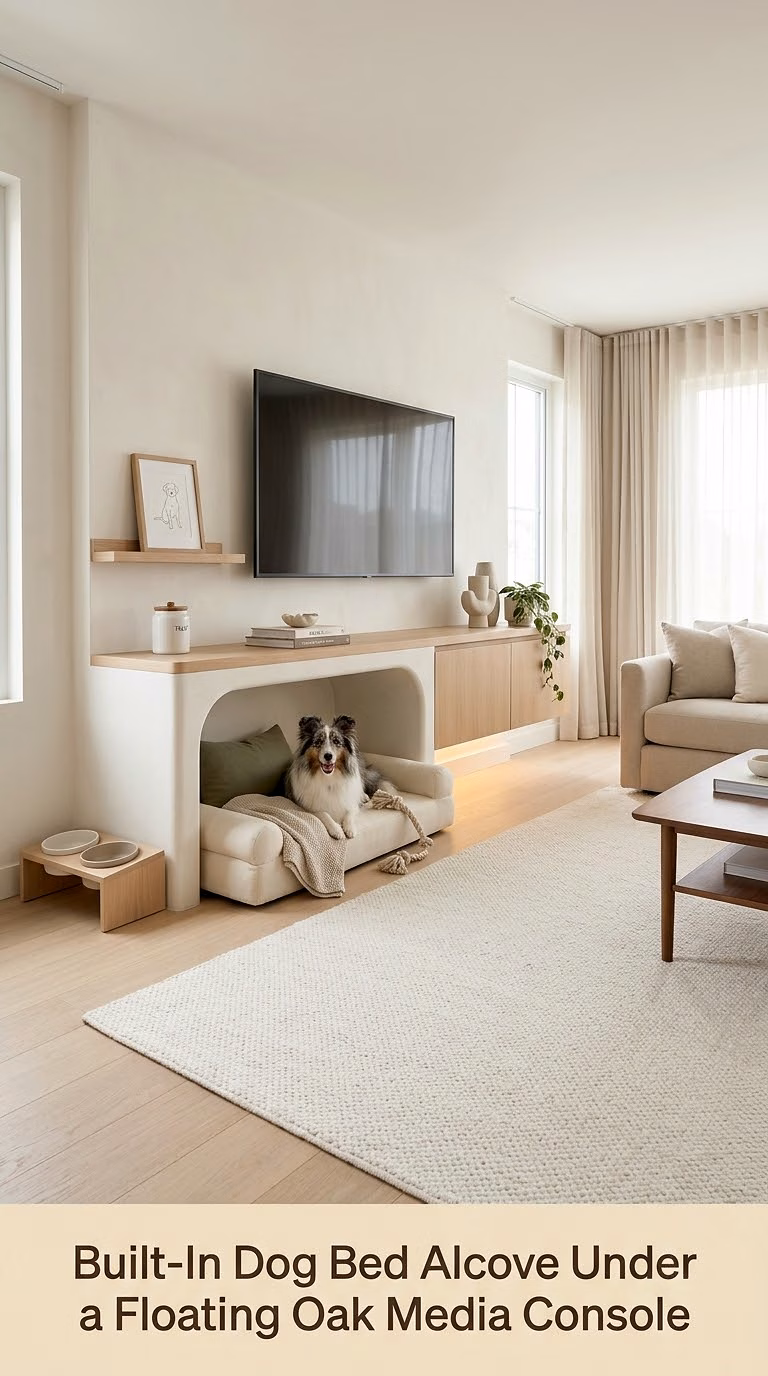 5. Built-In Dog Bed Alcove Under a Floating Oak Media Console