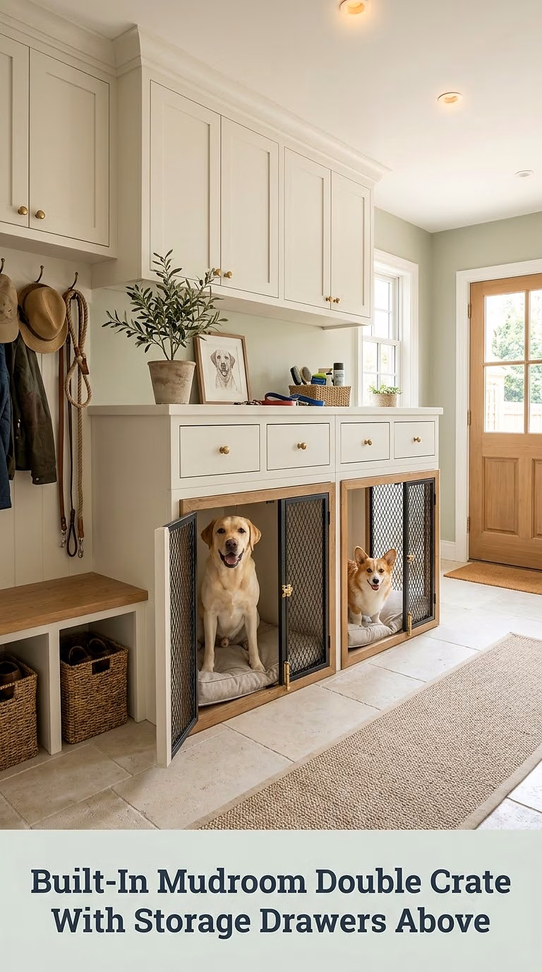 Built-In Mudroom Double Crate With Storage Drawers Above