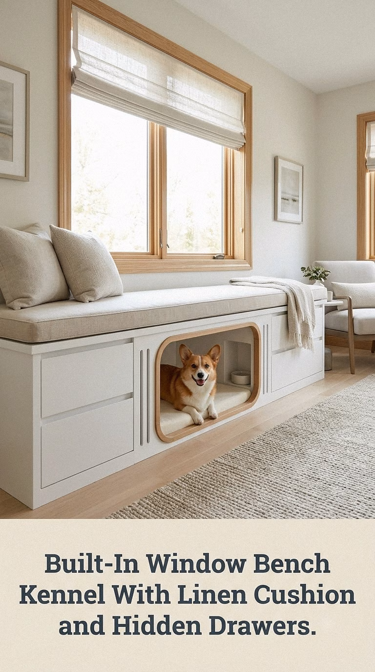 Built-In Window Bench Kennel With Linen Cushion and Hidden Drawers
