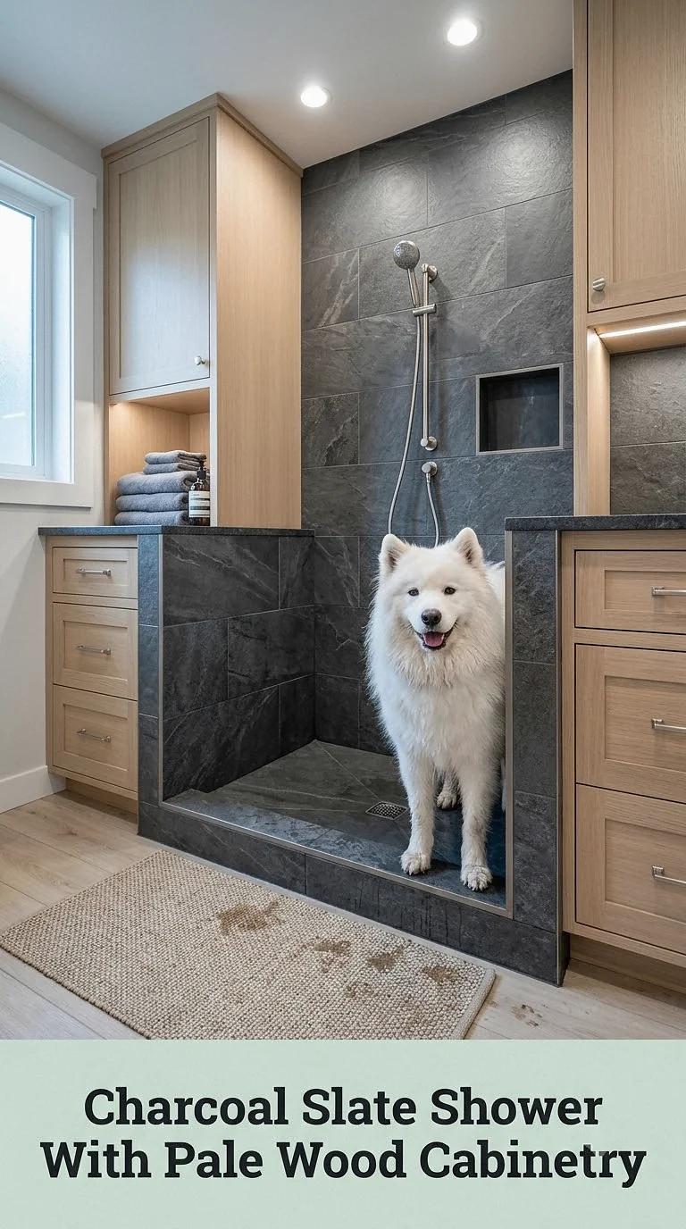 Charcoal Slate Shower With Pale Wood Cabinetry