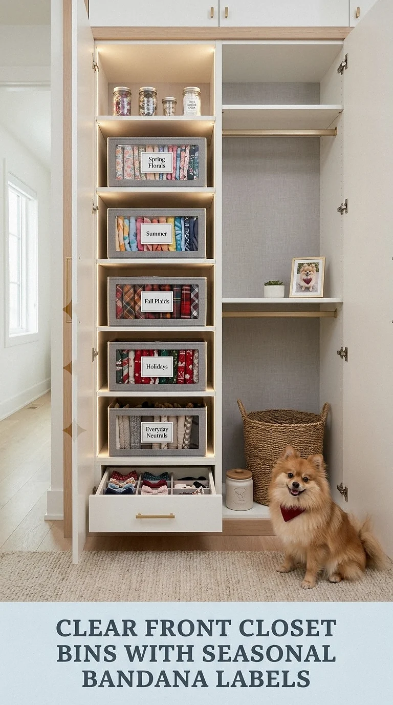 Clear Front Closet Bins With Seasonal Bandana Labels