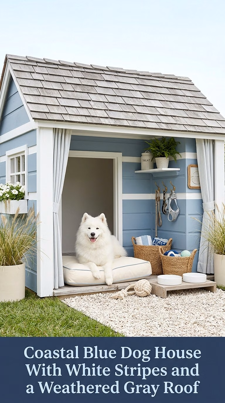 5. Coastal Blue Dog House With White Stripes and a Weathered Gray Roof