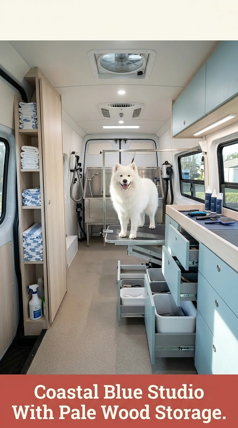 Coastal Blue Studio With Pale Wood Storage