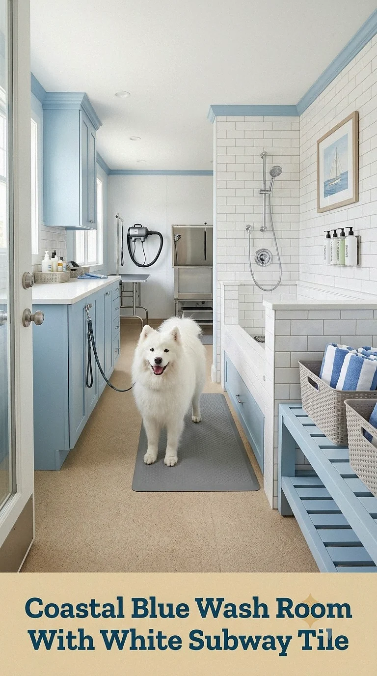 Coastal Blue Wash Room With White Subway Tile