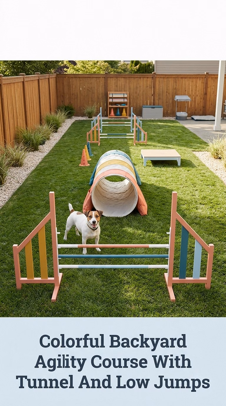 Colorful Backyard Agility Course With Tunnel And Low Jumps