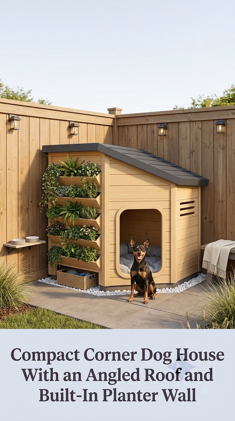 5. Compact Corner Dog House With an Angled Roof and Built-In Planter Wall