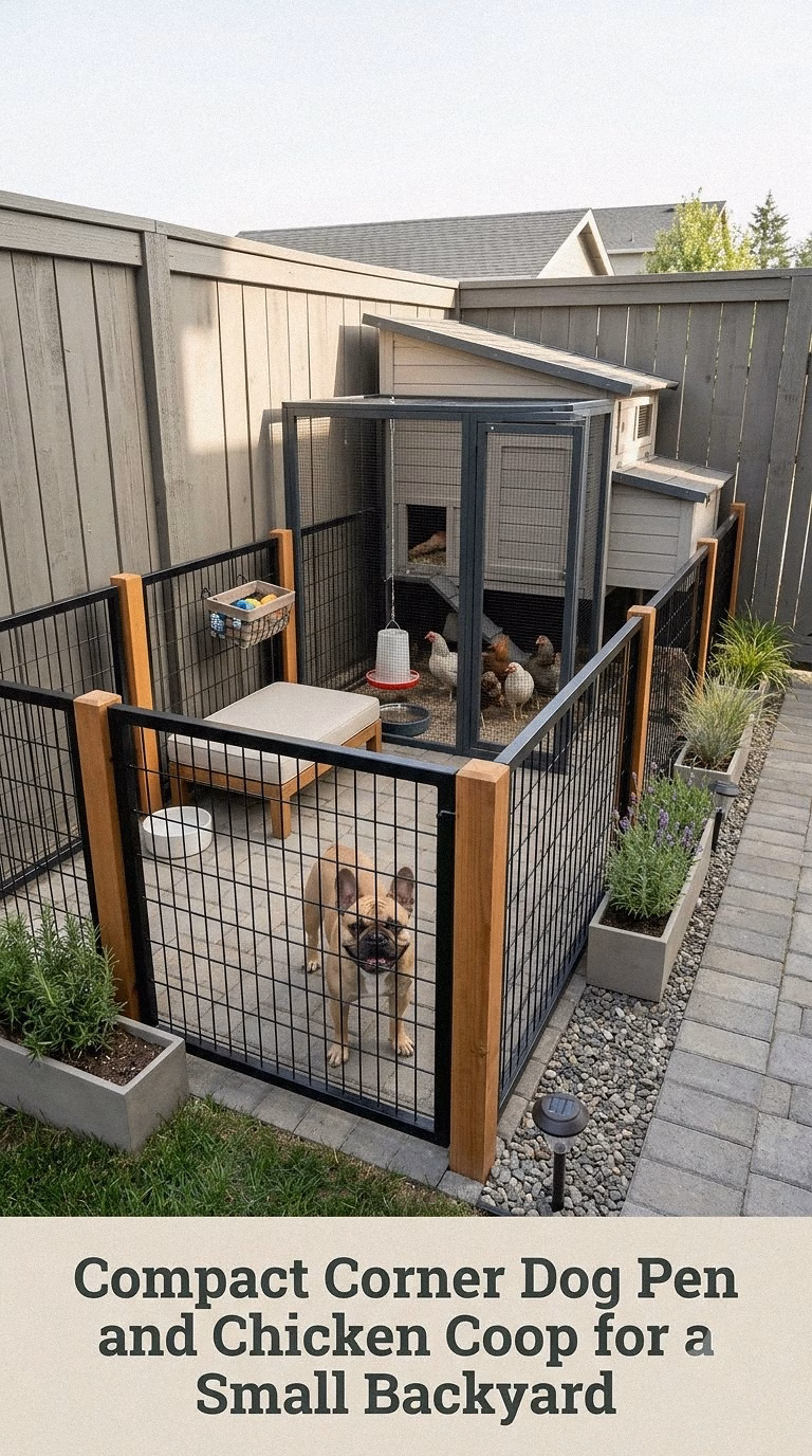 Compact Corner Dog Pen and Chicken Coop for a Small Backyard