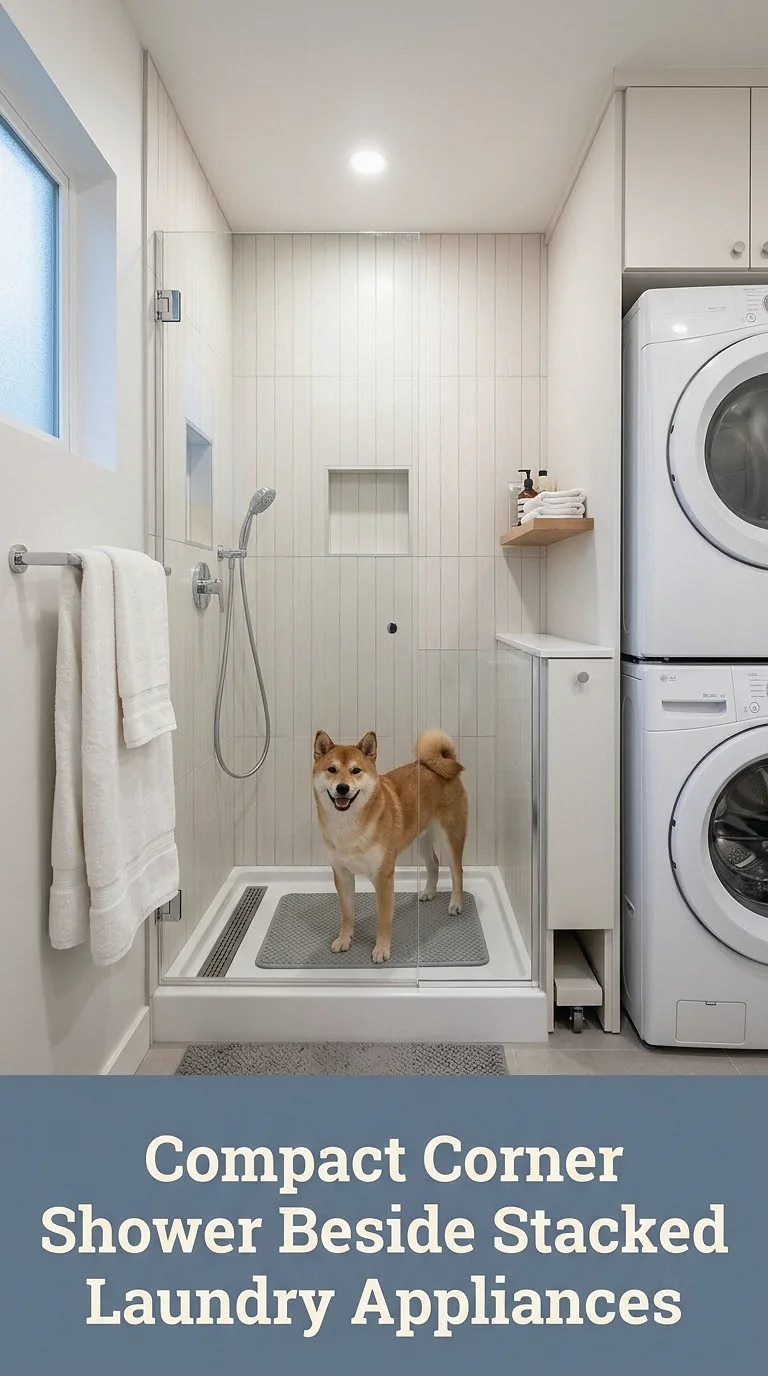 Compact Corner Shower Beside Stacked Laundry Appliances