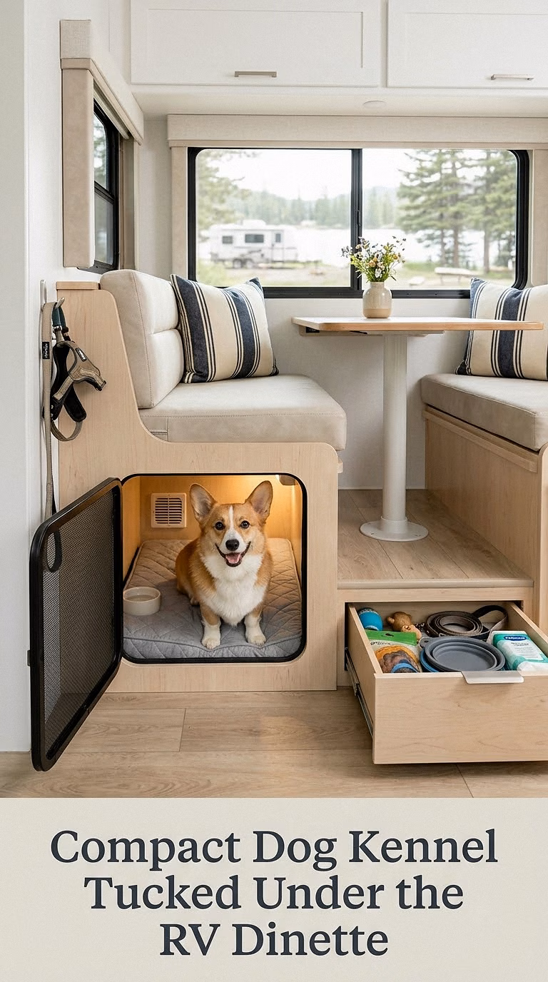 Compact Dog Kennel Tucked Under the RV Dinette