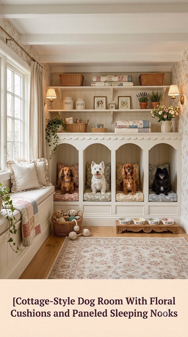 5. Cottage-Style Dog Room With Floral Cushions and Paneled Sleeping Nooks