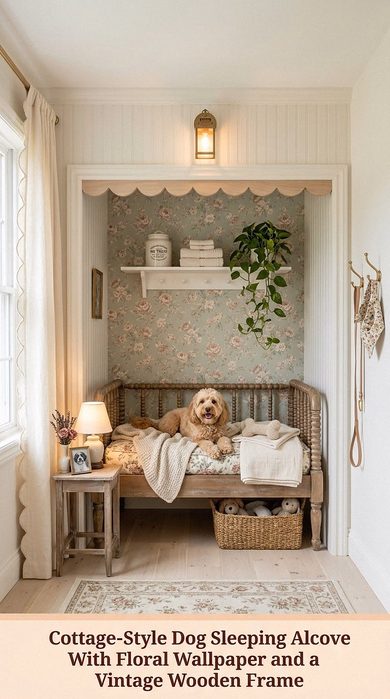 5. Cottage-Style Dog Sleeping Alcove With Floral Wallpaper and a Vintage Wooden Frame