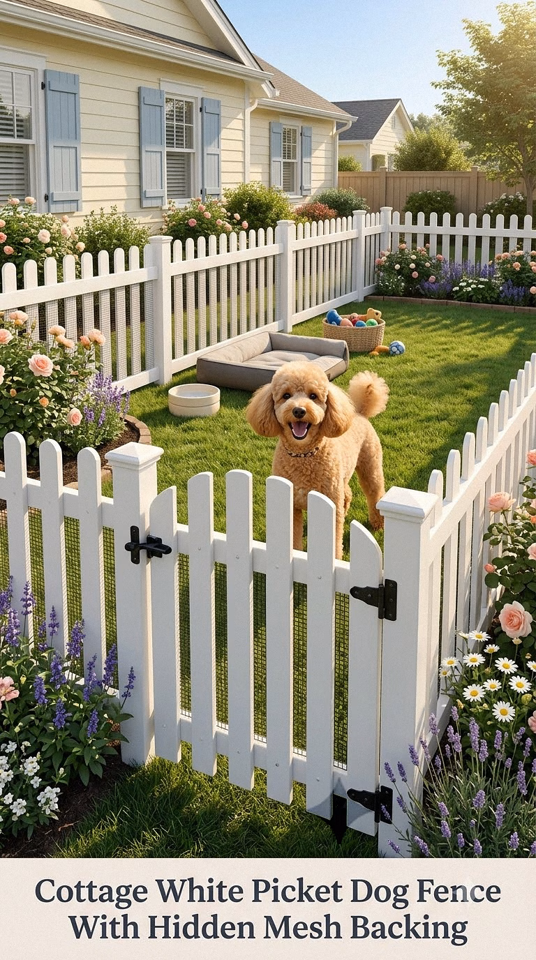Cottage White Picket Dog Fence With Hidden Mesh Backing