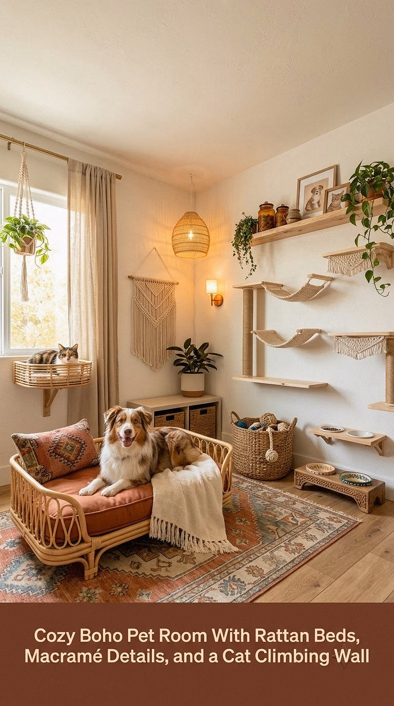 5. Cozy Boho Pet Room With Rattan Beds, Macramé Details, and a Cat Climbing Wall