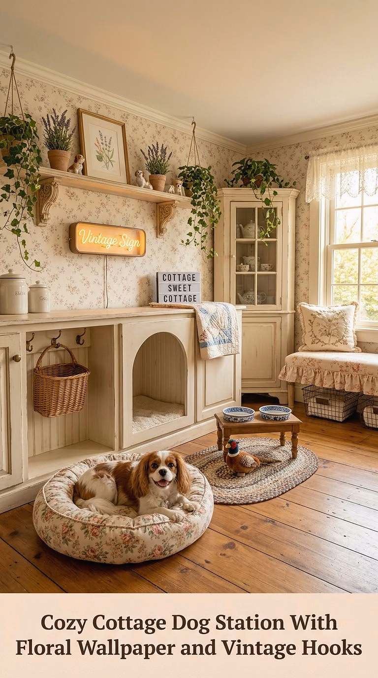 5. Cozy Cottage Dog Station With Floral Wallpaper and Vintage Hooks