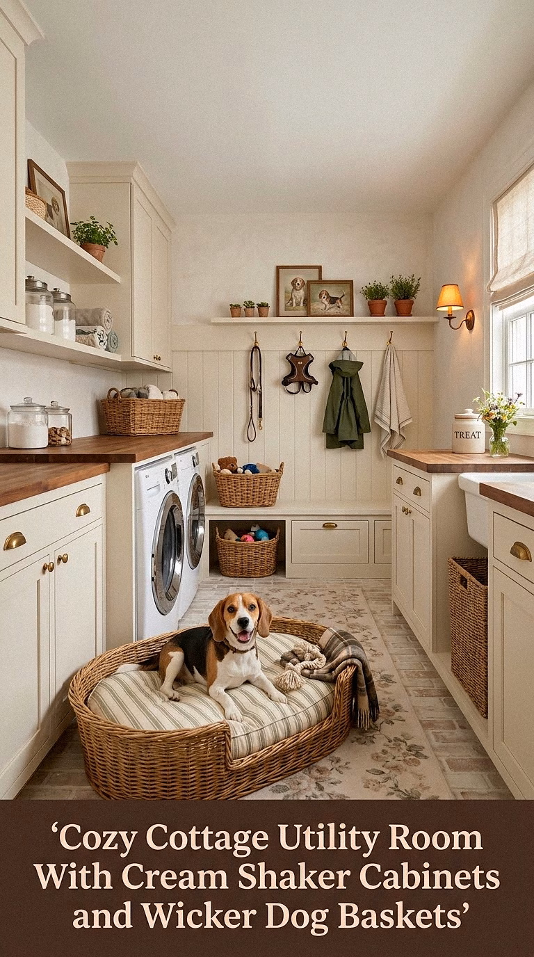 5. Cozy Cottage Utility Room With Cream Shaker Cabinets and Wicker Dog Baskets